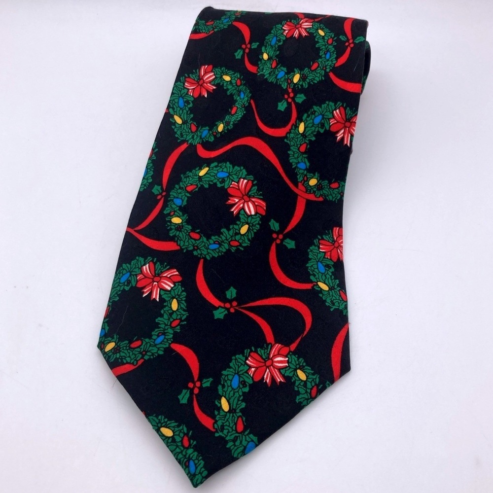 100% Silk Men's Christmas Neck Tie Wreath Ribbon Lights